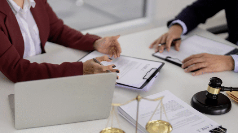 Profissionais analisando contratos com balança da justiça e martelo do juiz, representando o seguro garantia Economize em ações judiciais e contratos