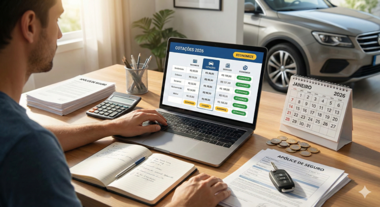 Homem utilizando notebook para realizar as melhores cotações de seguro auto 2026