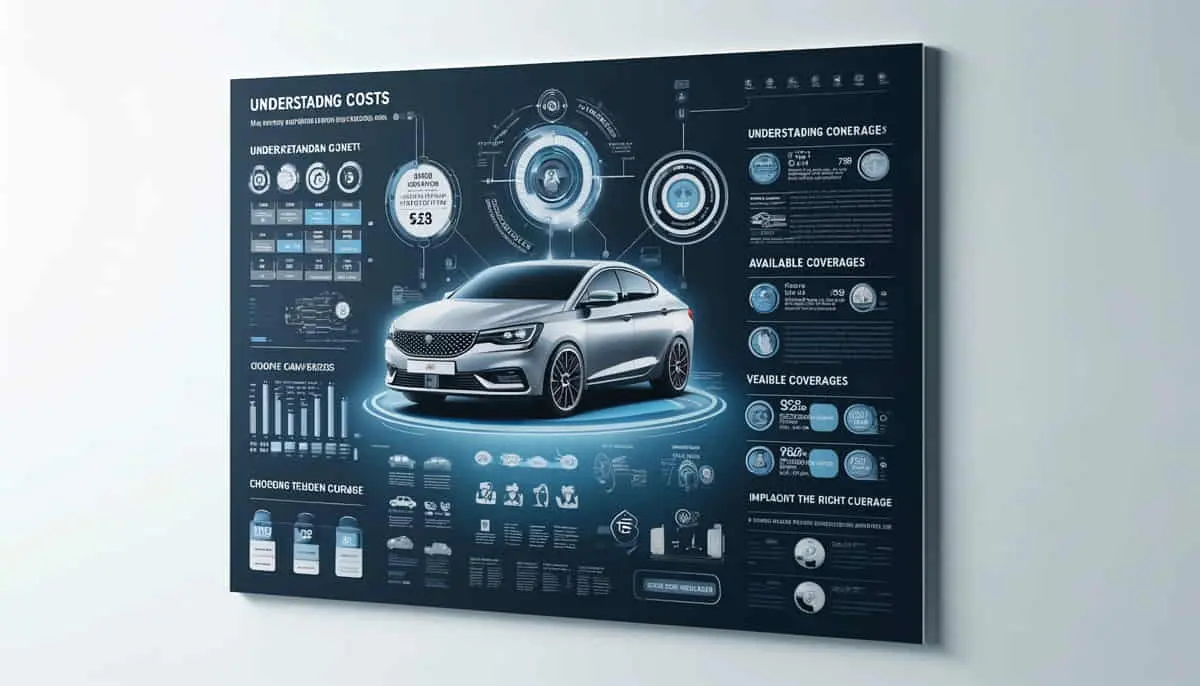 Infográfico apresentando opções de seguro para o carro Chery Arrizo, com seções sobre entendimento de custos, coberturas disponíveis, escolha da cobertura certa e o impacto do modelo do veículo nos preços. O design é moderno com uma imagem central de um sedan Chery Arrizo, cercado por diagramas e caixas de texto em um esquema de cores azul e cinza.