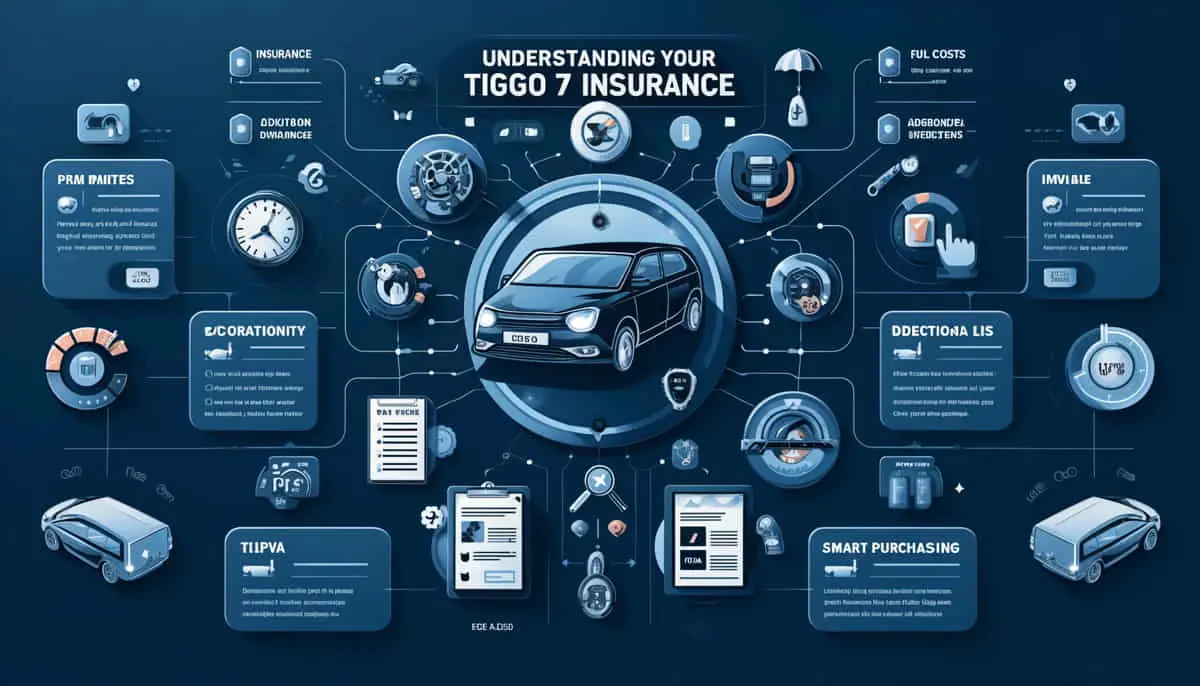 infografia apresenta um guia sobre o seguro Tiggo 7, dividido em três seções principais com um esquema de cores em azul e cinza. No topo, há um banner com o título "Understanding Your Tiggo 7 Insurance". As seções incluem: 1) "Insurance Costs", com ícones representando um volante e um perfil de usuário, destacando os fatores que afetam o prêmio do seguro; 2) "Additional Costs", mostrando os custos de IPVA e consumo de combustível, com ícones de uma bomba de gasolina e um formulário fiscal; 3) "Maximizing Your Investment", com dicas sobre manutenção e compra inteligente, ilustradas por uma chave inglesa e uma lista de verificação.